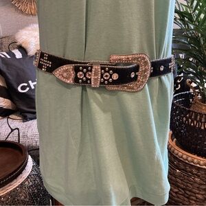 BHW Black Calf Hair Rhinestone Belt with Silver Bling Buckle XL